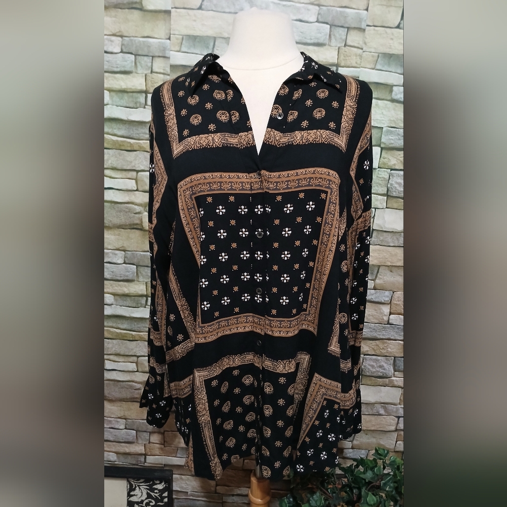 Free People Black and Gold Button Down Shirt